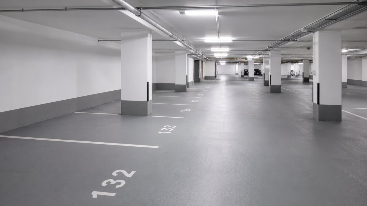 Garaje comunitario subterráneo de comunidad de vecinos en Lleida con paredes recién pintadas en blanco, suelo gris con marcaje vial y numeración de plazas