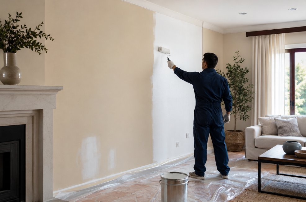 Pintor profesional aplicando pintura con rodillo en el salón de una vivienda en Lleida