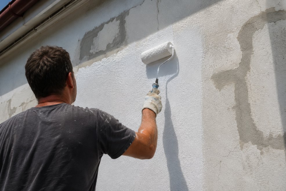 Pared exterior con producto impermeabilizante recién aplicado, superficie blanca ligeramente brillante por la humedad fresca