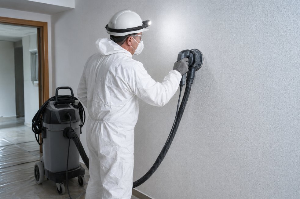 Pintor con EPI completo, mascarilla y casco con linterna usando lijadora orbital conectada a aspiradora industrial gris para eliminar el gotelé de una pared