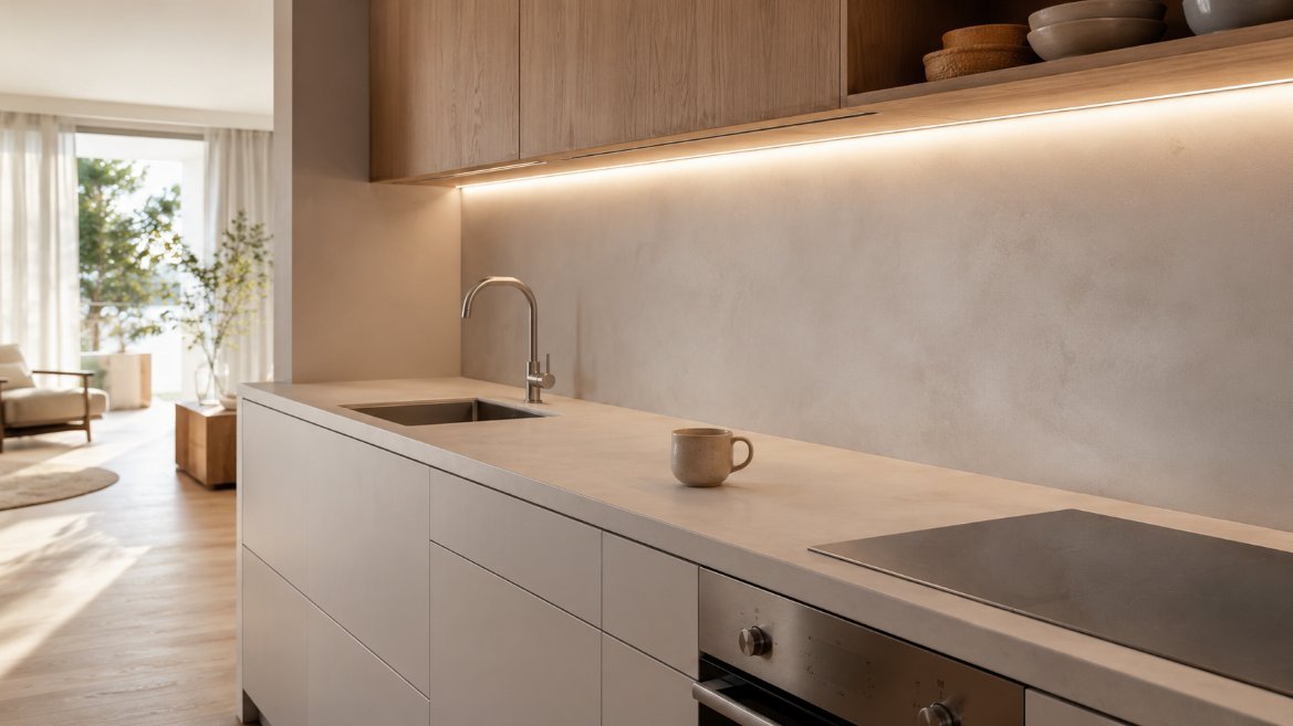 Cocina moderna en Lleida con encimera de microcemento color cemento, frente de pared en el mismo material y muebles bajos lacados en blanco