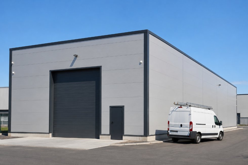 Exterior de nave industrial moderna en polígono de Lleida con paredes de panel sándwich, portón industrial y furgoneta blanca de trabajo aparcada