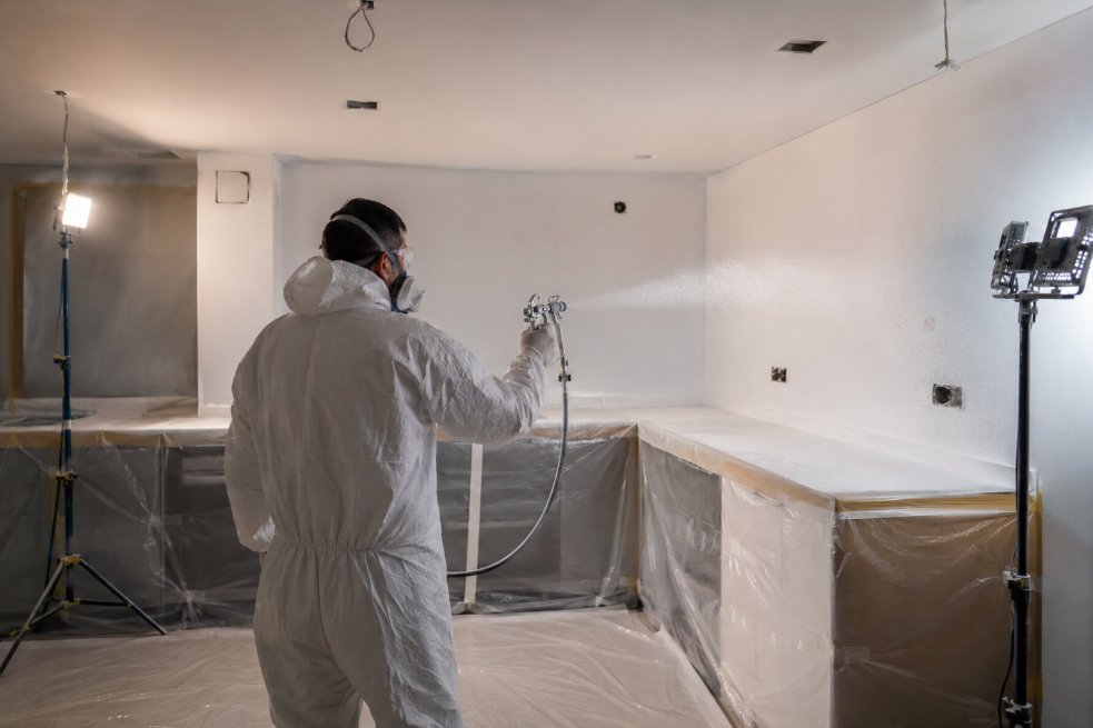 Pintor con EPI completo aplicando pintura con pistola airless en la pared de una cocina vaciada