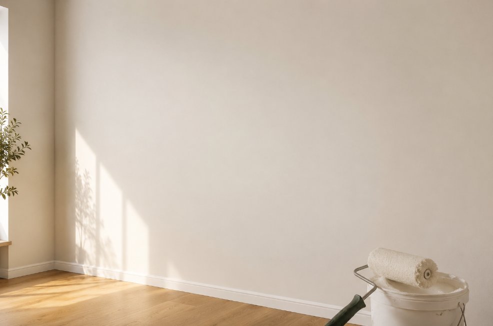 Rodillo profesional empapado de pintura blanca aplicándose sobre la pared de una habitación