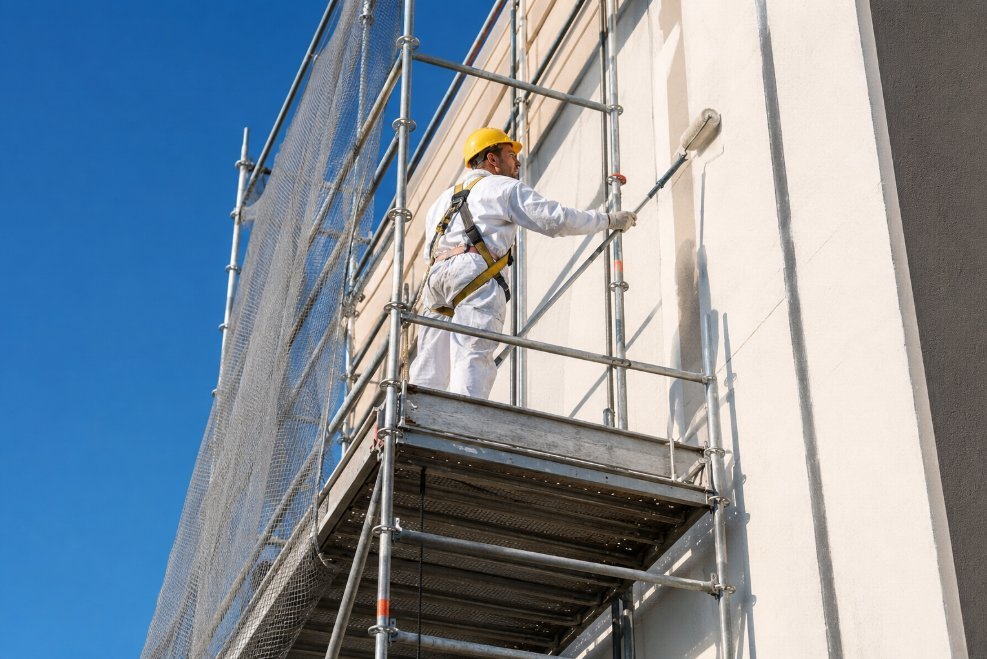 Pintor con arnés de seguridad y casco amarillo sobre andamio europeo aplicando pintura con rodillo de mango largo en la fachada de un edificio