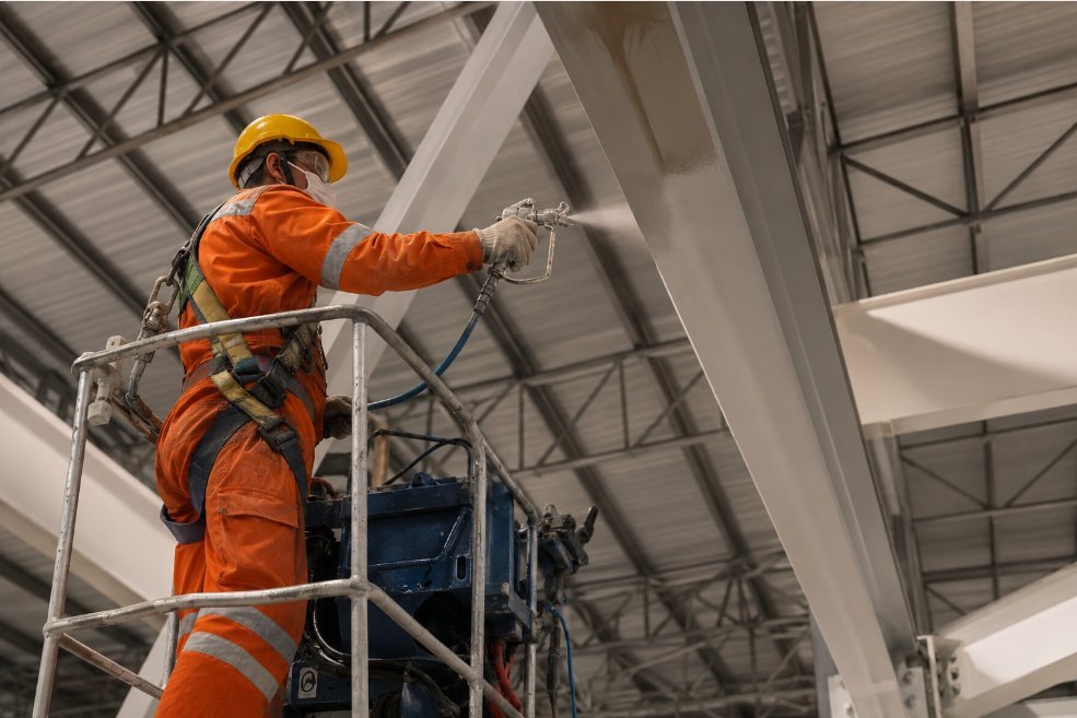 Pintor con EPI industrial naranja, casco amarillo y arnés de seguridad sobre plataforma elevadora articulada aplicando pintura con pistola airless en estructura industrial