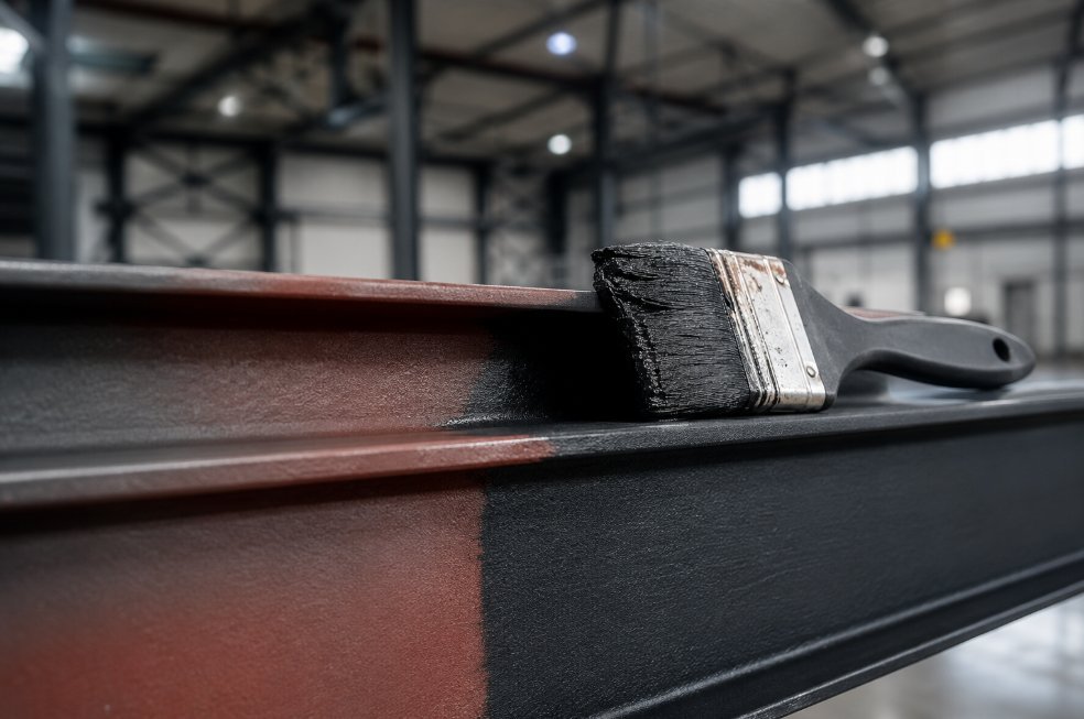 Detalle cercano de viga metálica industrial con imprimación antióxido de color rojo en una mitad y pintura negra final en la otra mitad, con brocha profesional apoyada