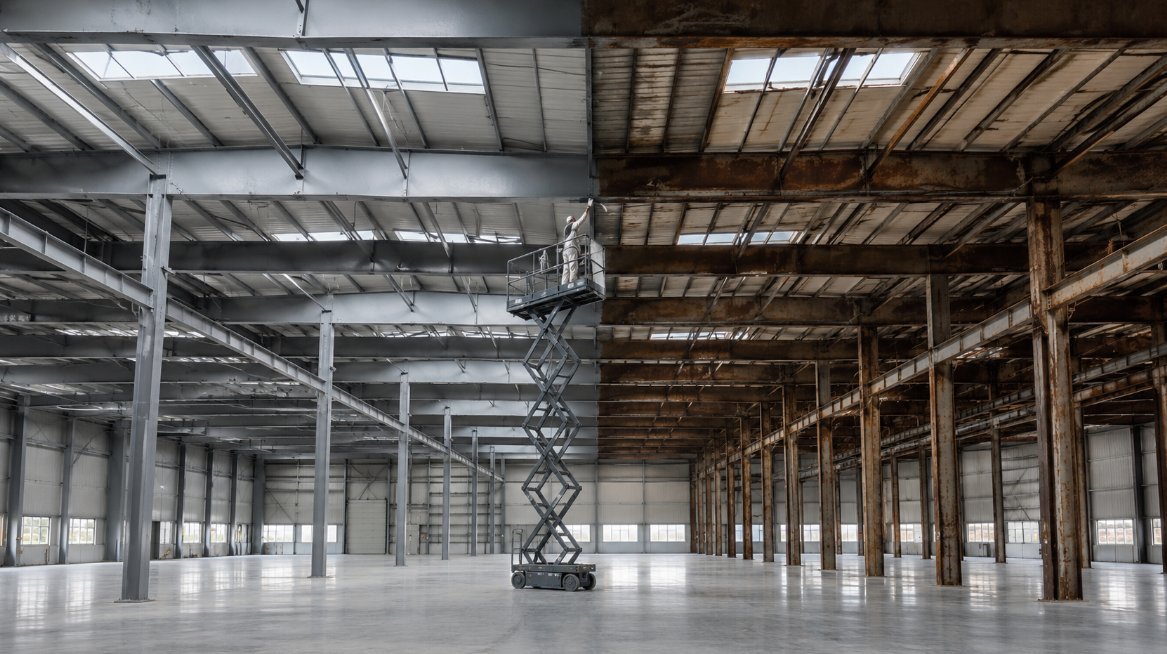 Interior de nave industrial en Lleida con estructura metálica vista, plataforma elevadora tijera y pintor trabajando en altura aplicando pintura