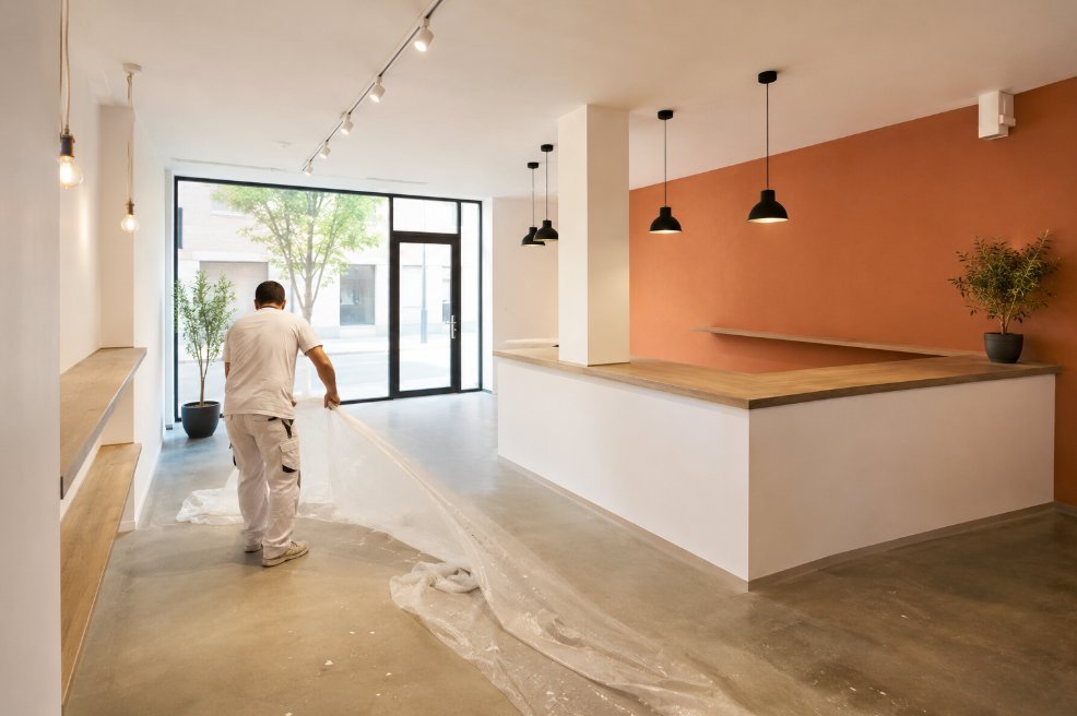 Local comercial recién pintado en blanco con pared de acento terracota, suelo de hormigón pulido