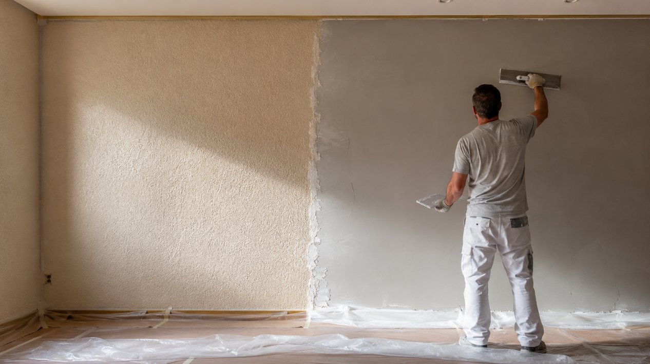 Pared en proceso de alisado en Lleida con mitad de gotelé original a la izquierda y mitad alisada con masilla a la derecha