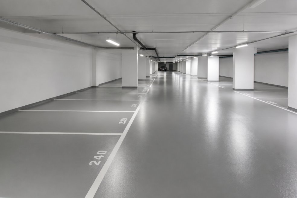 Parking subterráneo en Lleida con suelo de resina epoxi gris brillante, líneas de marcaje vial blancas y numeración de plaza