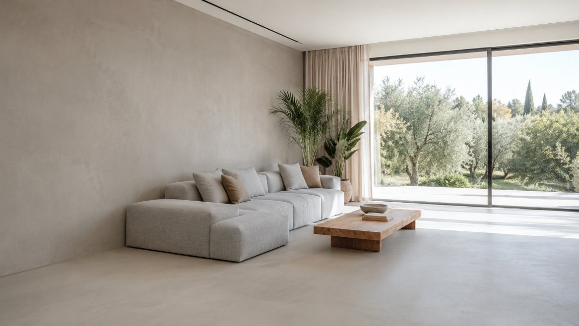 Salón amplio de vivienda en Lleida con suelo continuo de microcemento color hueso, sofá de tela beige, mesa baja de madera y luz natural amplia